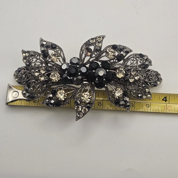 Vtg Soho Floral Rhinestone Black Rhinestones Silver Tone Hair Clip Barrette main image 7